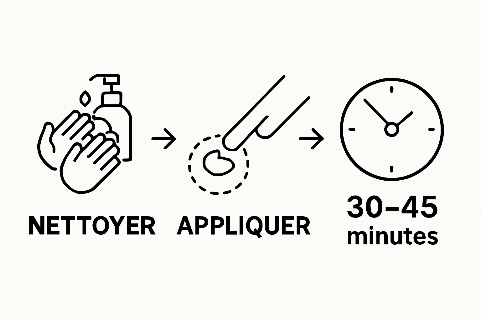 Three step visuals: washing skin, applying cream, waiting clock
