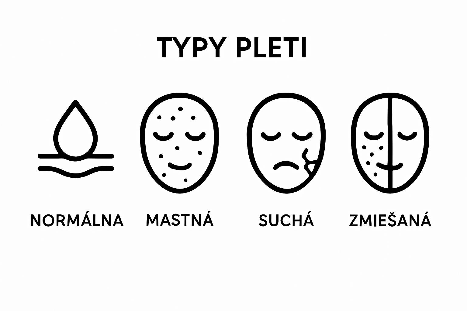 Štyri jednoduché ikony znázorňujúce normálnu, mastnú, suchú a zmiešanú pokožku