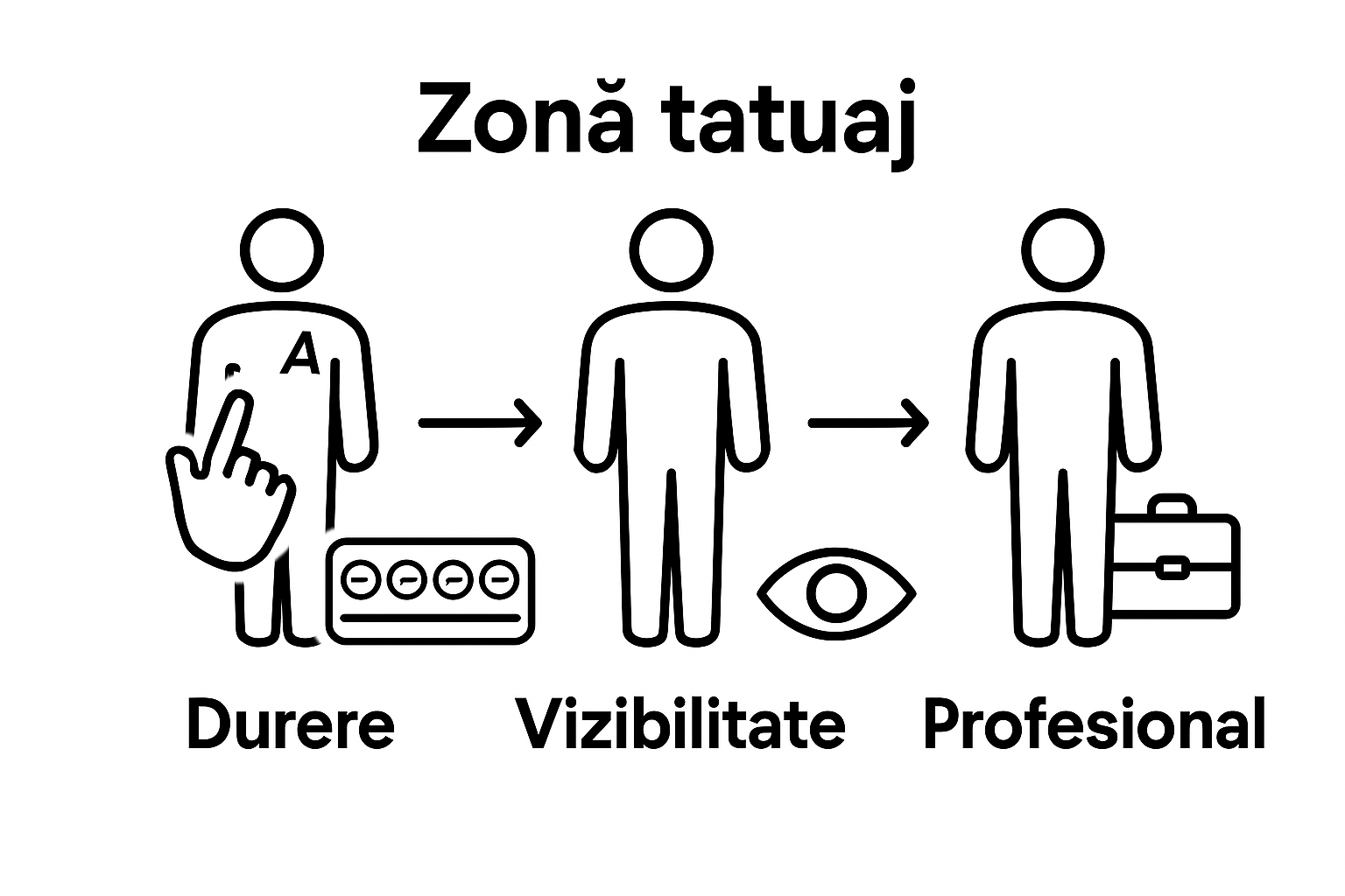 Trei etape vizuale pentru alegerea zonei de tatuaj: nivelul de durere, vizibilitate, impact profesional.