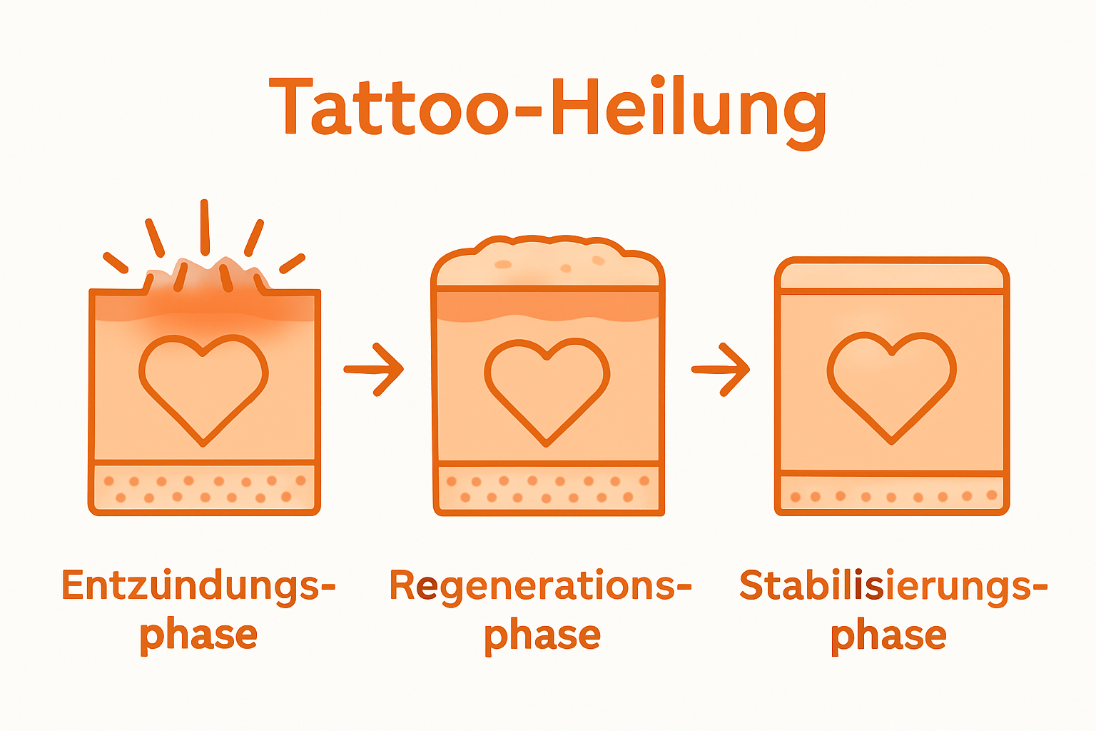 Infographic showing three tattoo healing stages with simple skin diagrams