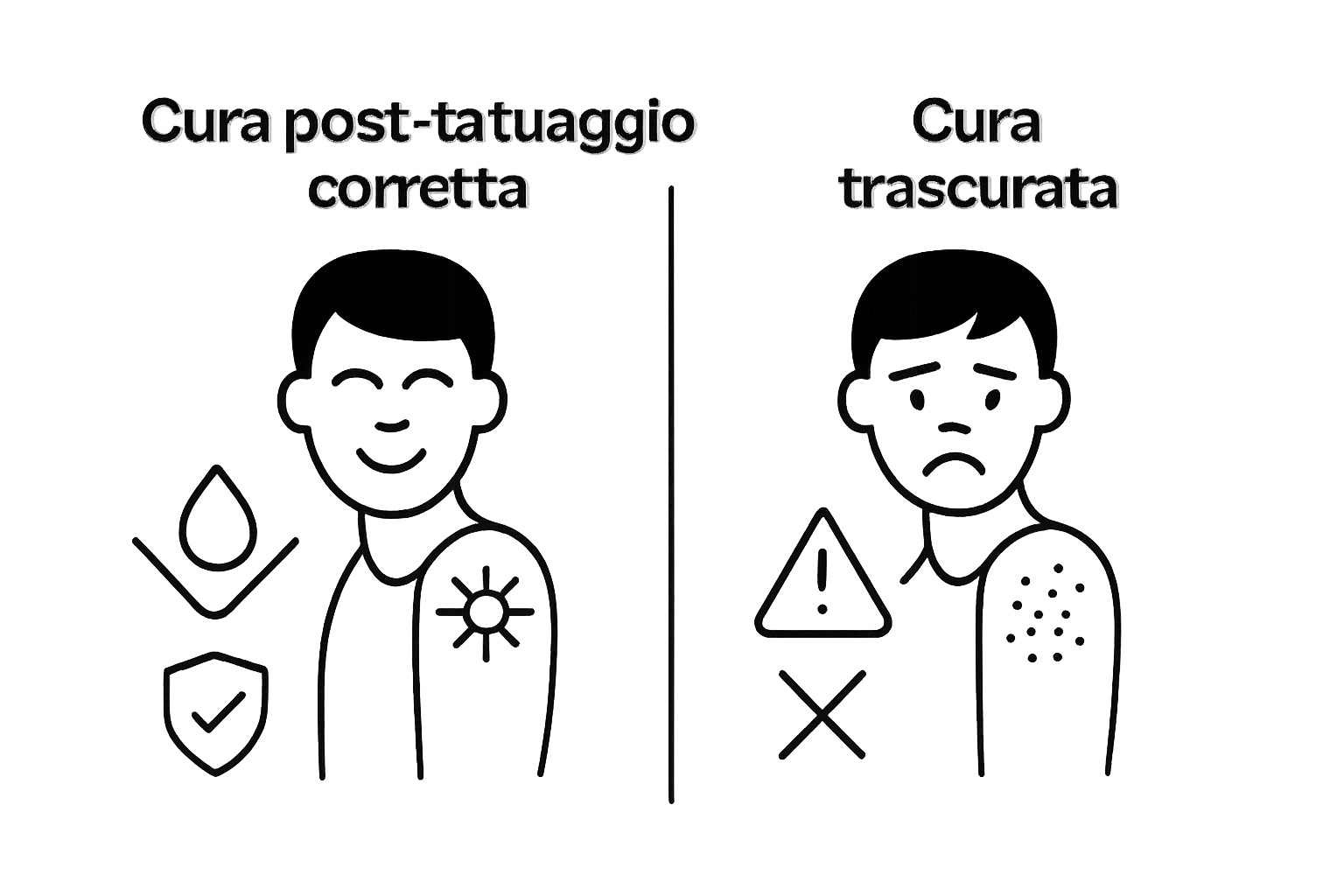 Confronto visivo tra cura tatuaggio corretta e trascurata