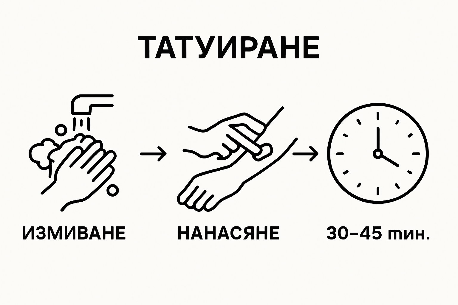 Three icons for hand washing, cream application, and waiting time