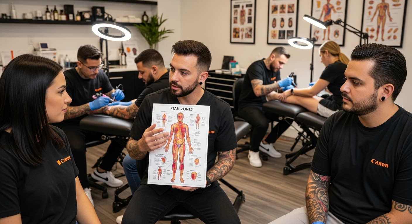 Tattoo studio, pain zones, consultation