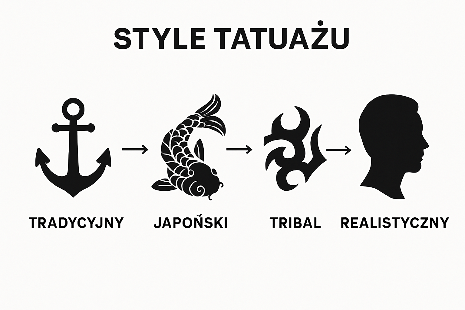Ikonograficzne porównanie stylów tatuażu: tradycyjny, japoński, tribal, realistyczny