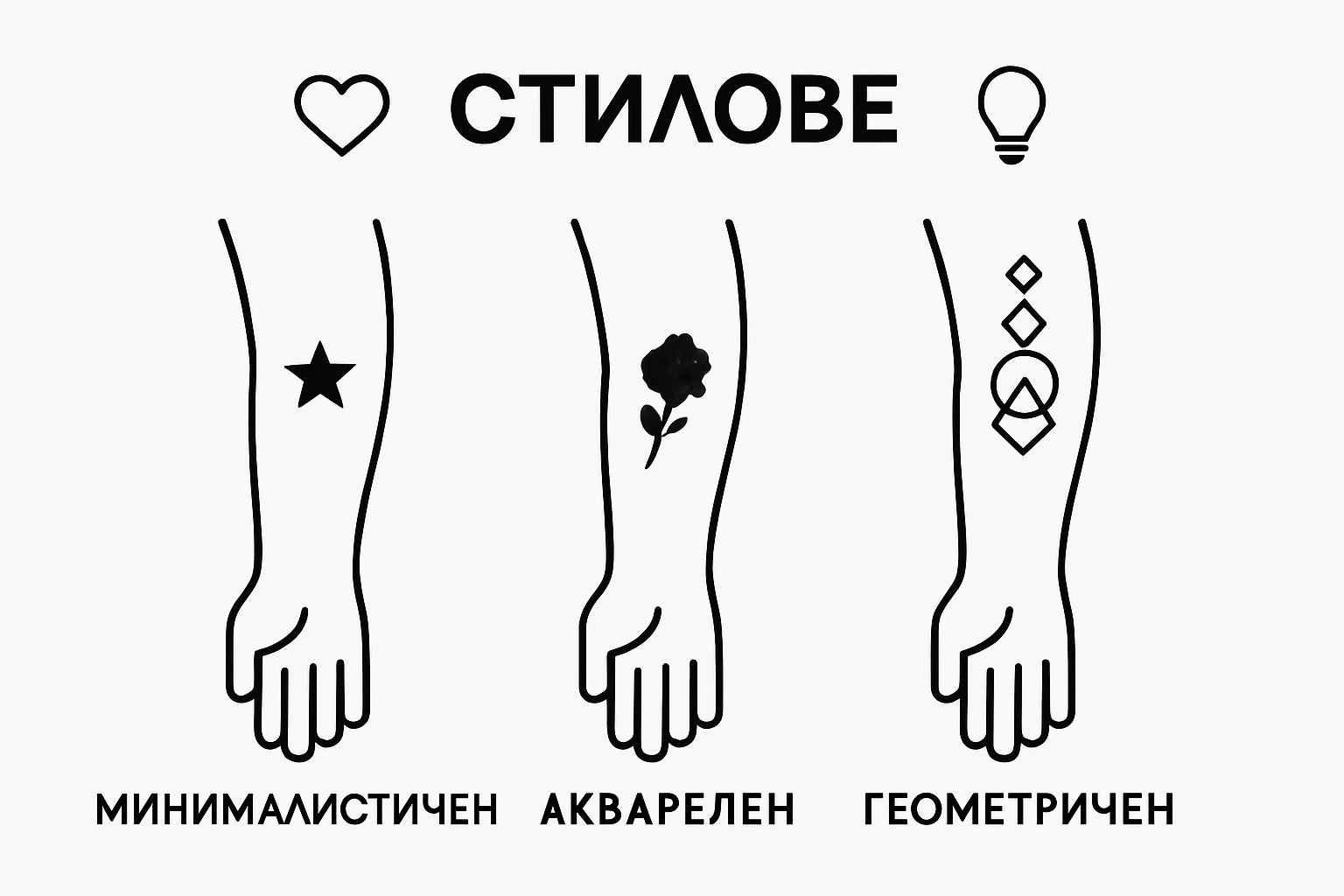 Сравнение на три модерни стила татуировки: минималистичен, акварелен, геометричен.