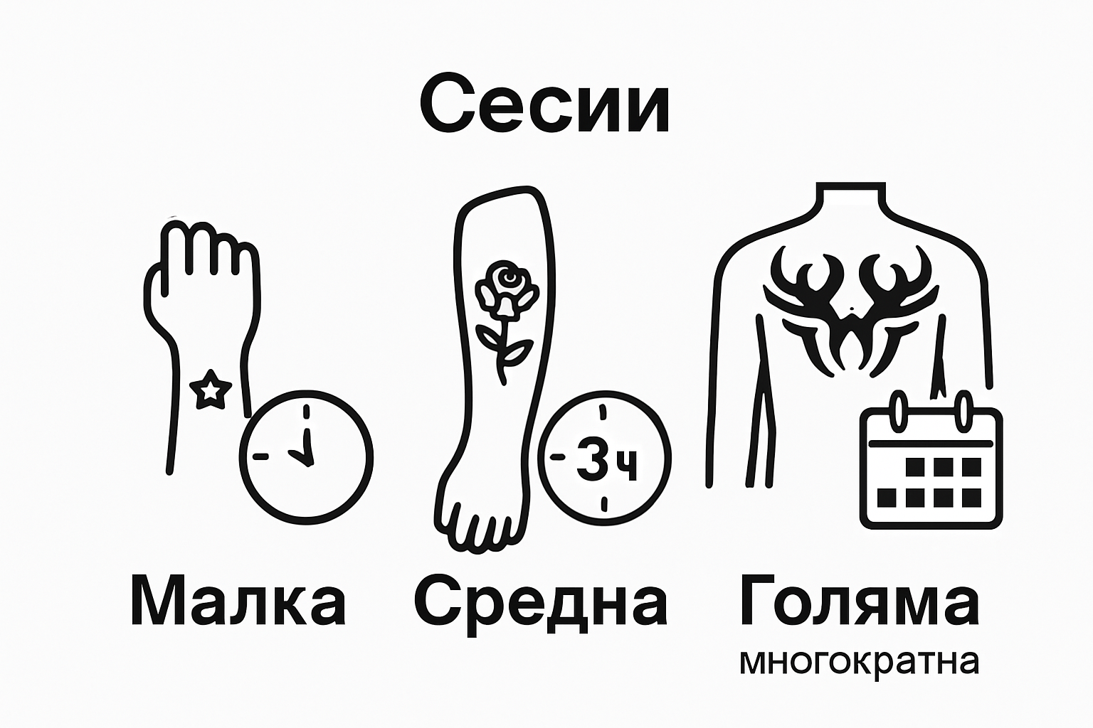 Comparison of tattoo session durations for small, medium, and large tattoos using icons