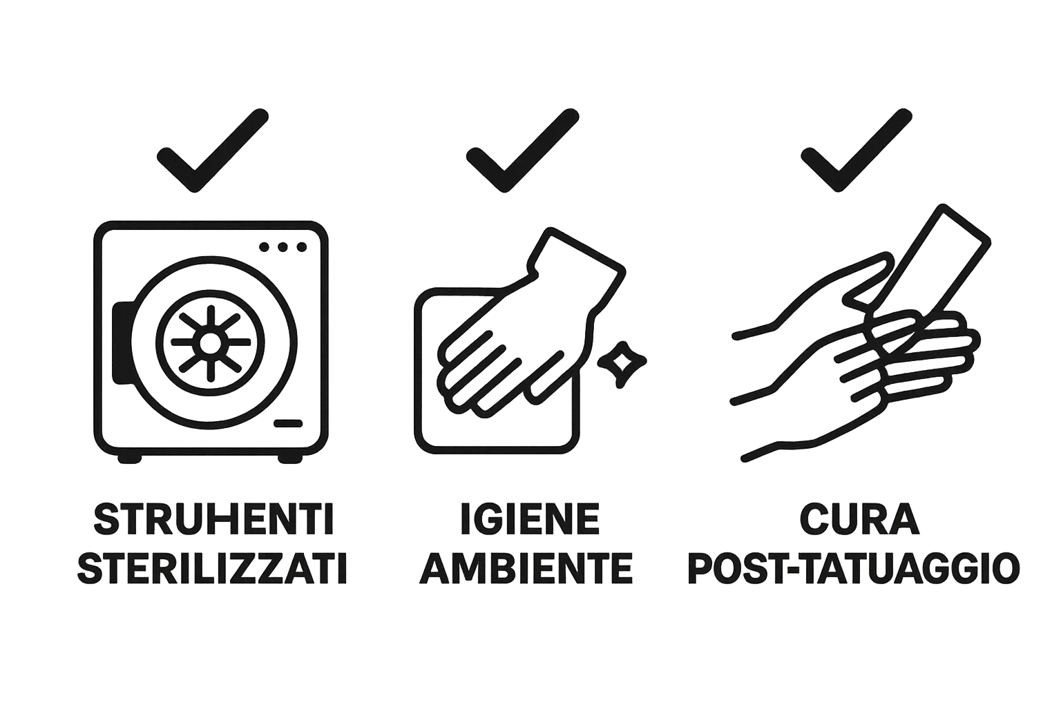 Tre icone che rappresentano la prevenzione delle infezioni da tatuaggio