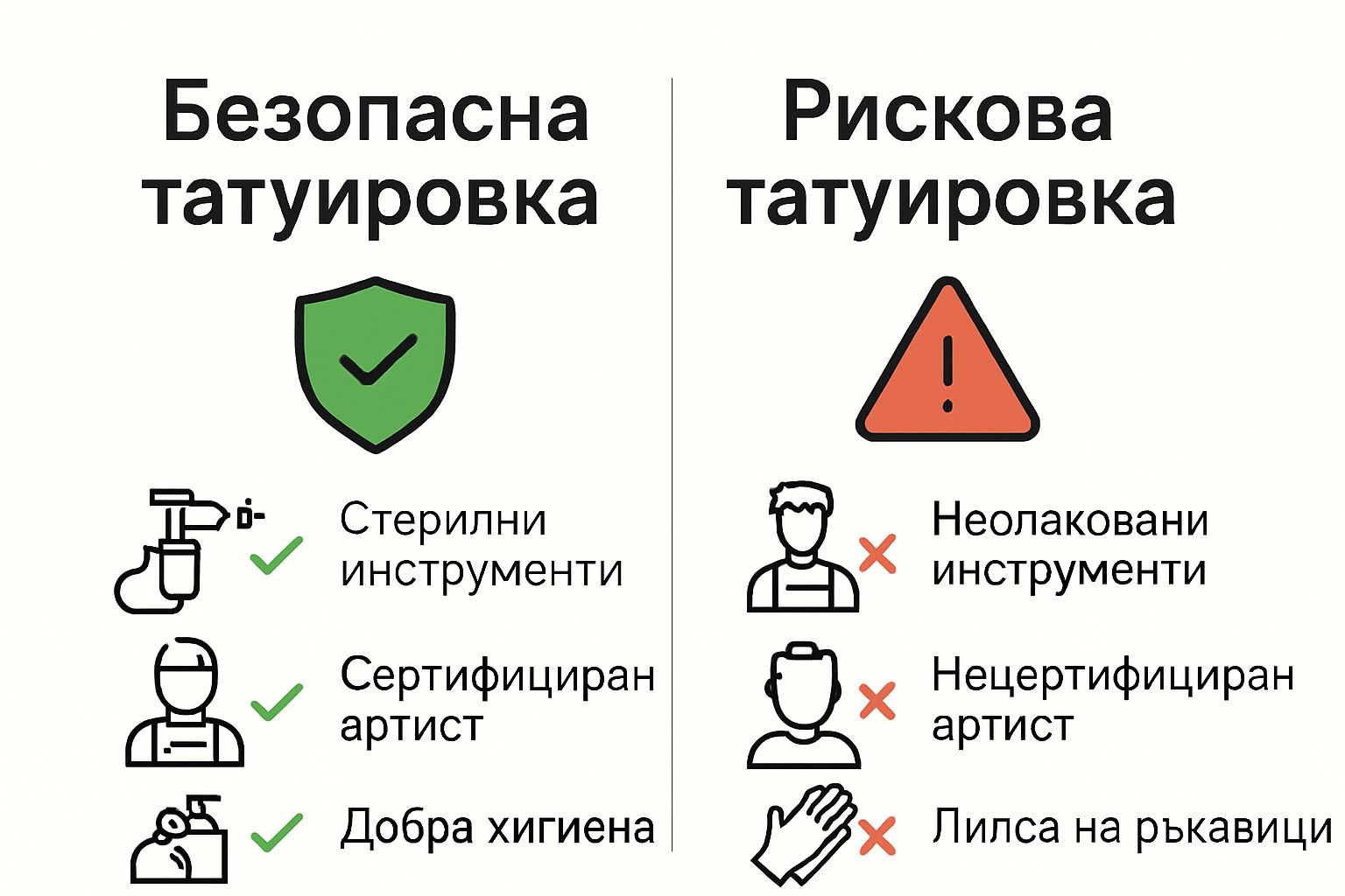 Infographic comparing safe vs. unsafe tattoos with icons for hygiene and certification