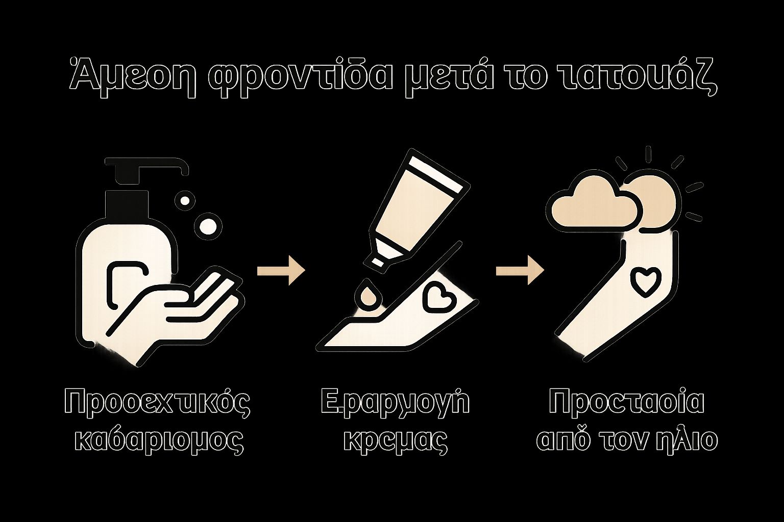 Γραφικό με τρία βήματα φροντίδας μετά το τατουάζ