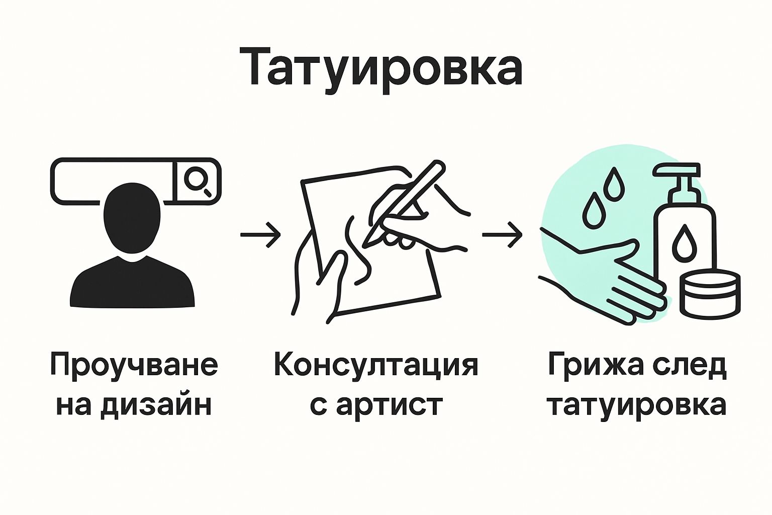 Инфографика с три основни стъпки за татуировка: проучване, консултация, грижа