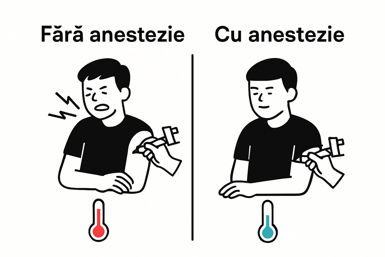 Infographic comparing tattoo pain levels with and without anesthesia