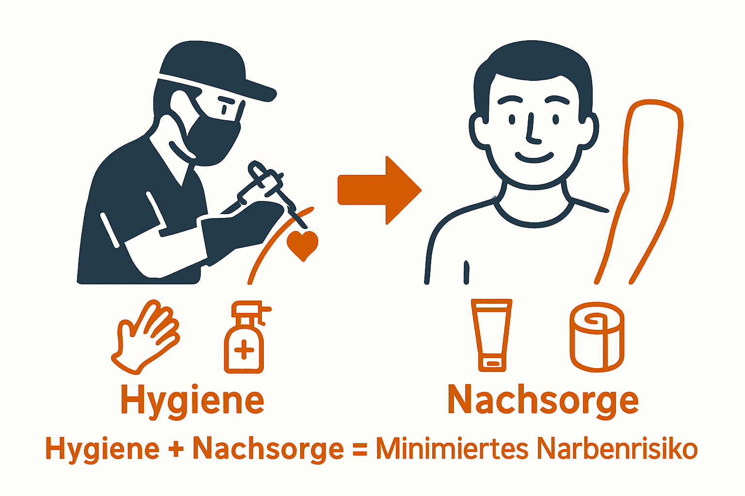Infografik zu Hygiene, Nachsorge und minimiertem Narbenrisiko beim Tätowieren