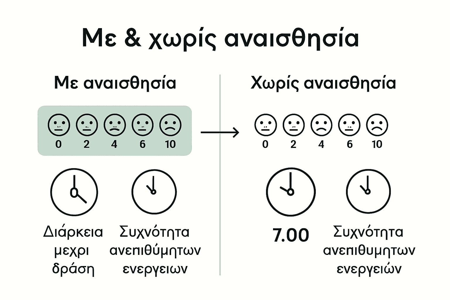 Σύγκριση τατουάζ με και χωρίς αναισθησία, εικονίδια πόνου και χρονισμού.