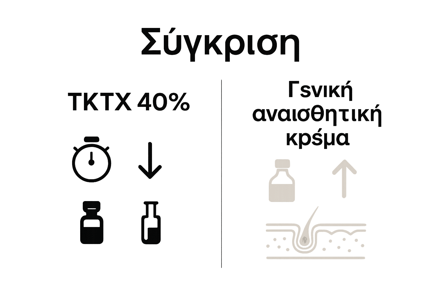 Σύγκριση χαρακτηριστικών αναισθητικών κρεμών για τατουάζ με εικονίδια διάρκειας, συγκέντρωσης και συμβατότητας.