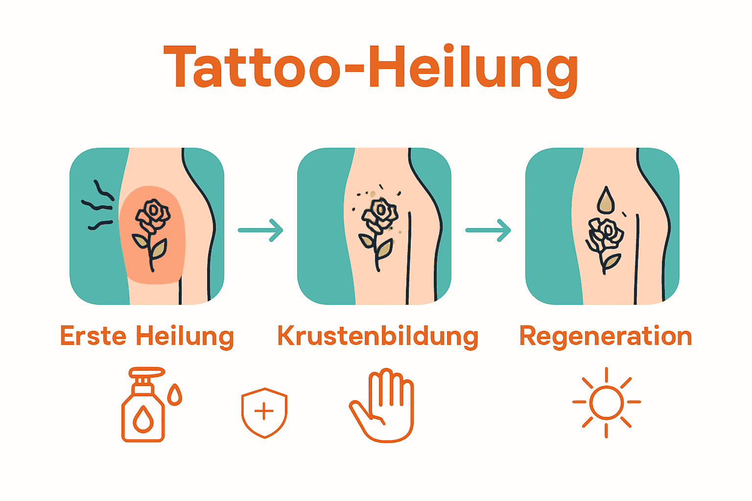 Infografik der drei Tattoo-Heilungsphasen mit Symbolen für Pflegehinweise.