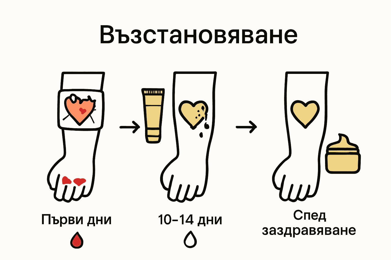 Инфографика визуализира етапите на възстановяване на кожата след татуиране.