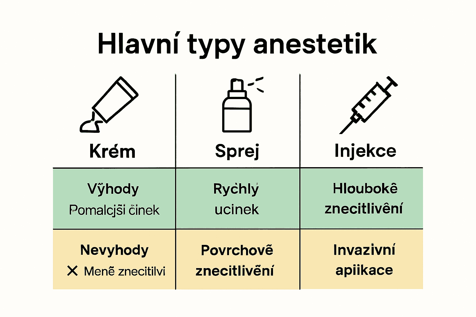 Srovnání typů anestetik pro tetování: krém, sprej, injekce.