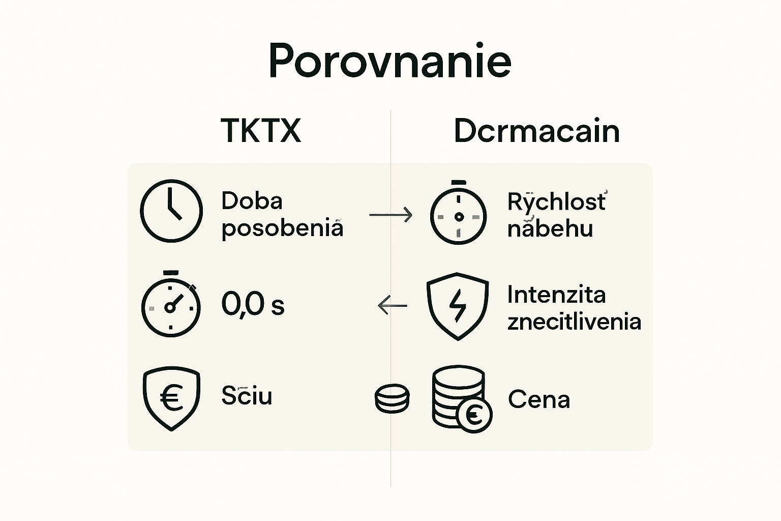 Infografika porovnáva vlastnosti anestetických krémov TKTX a Dermacain.