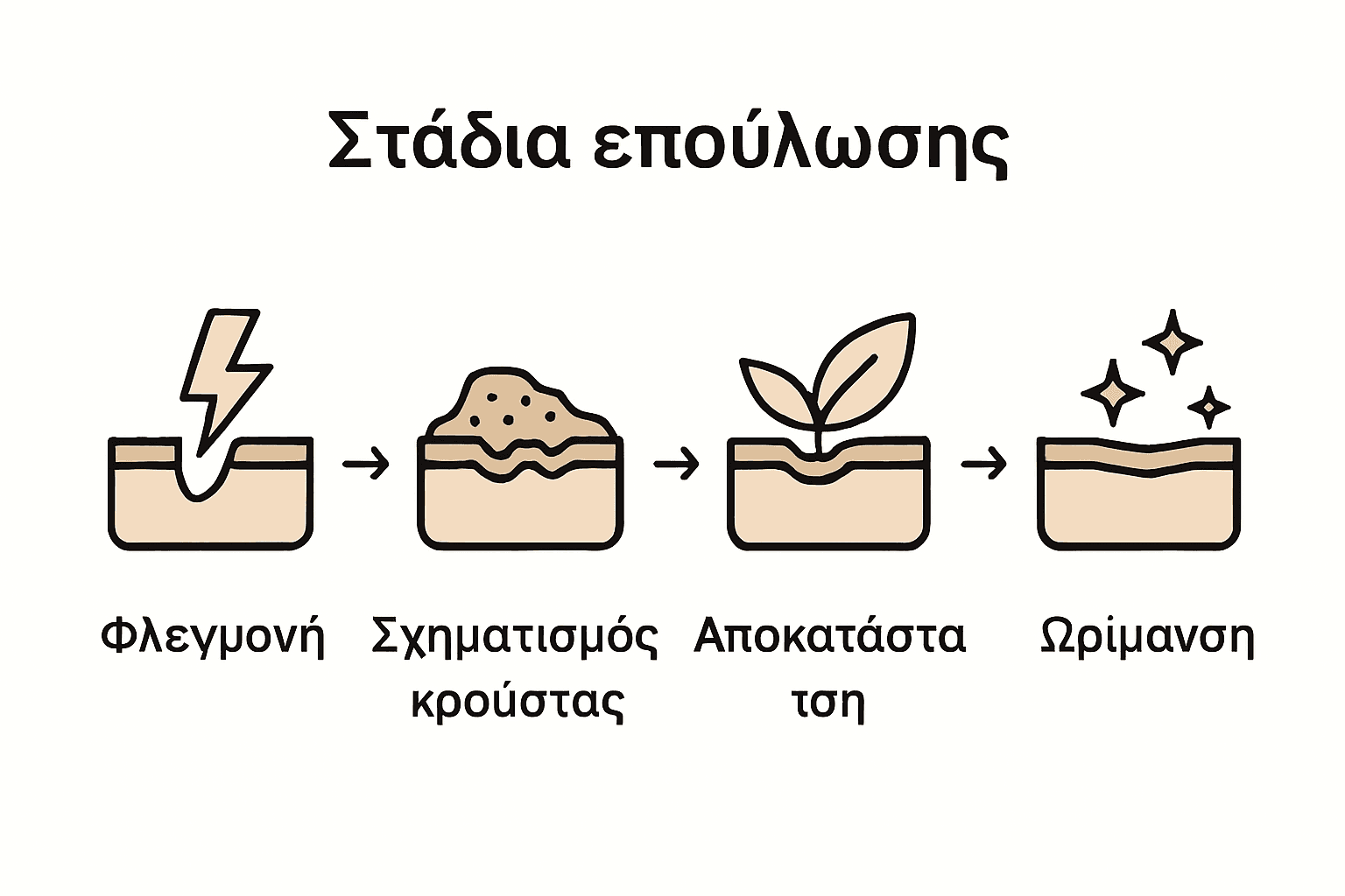 Διαδικασία επούλωσης τατουάζ σε τέσσερα στάδια με εικονίδια.