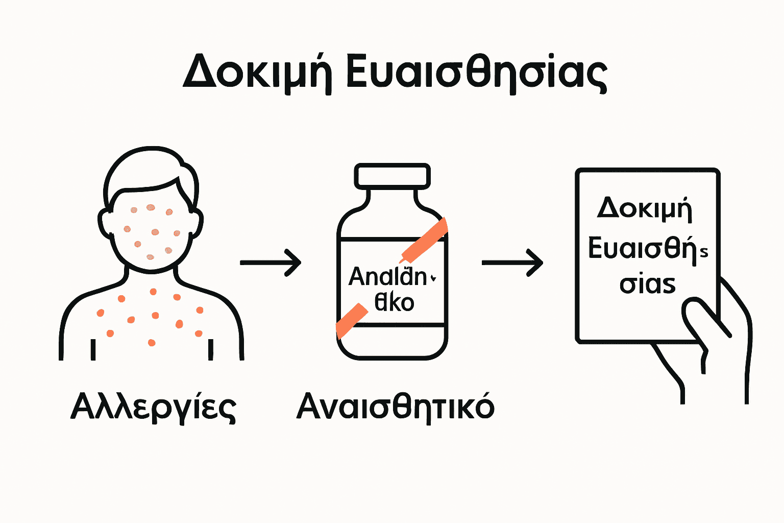 Infographic με αλλεργίες, απαγόρευση αναισθητικού και δοκιμή ευαισθησίας