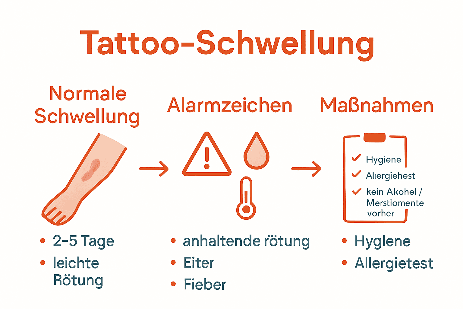 Infografik zu Ursachen, Warnsignalen und Prävention der Tattoo-Schwellung