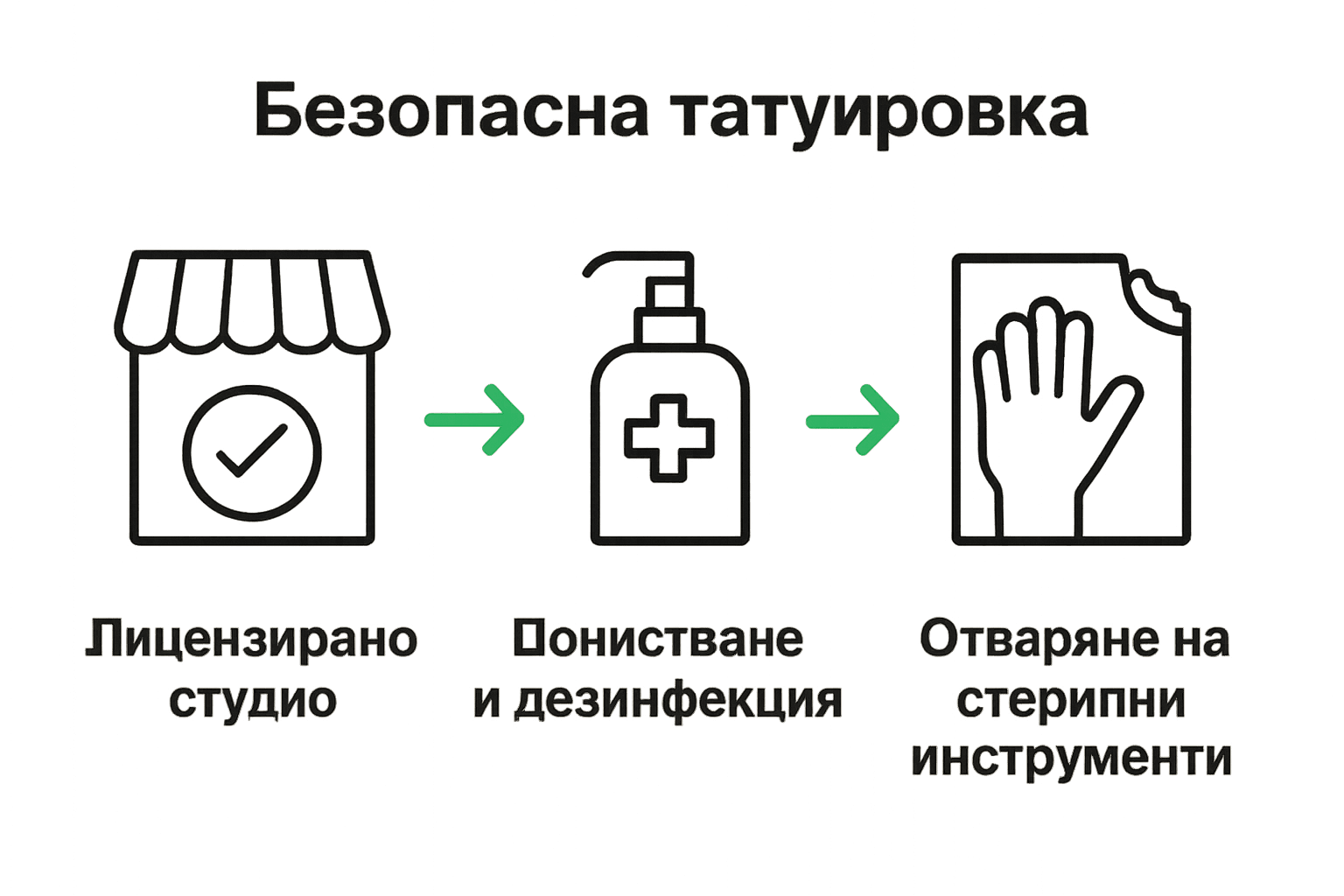 Инфографика: стъпки за безопасна татуировка с икони на студио, дезинфектант и ръкавици.