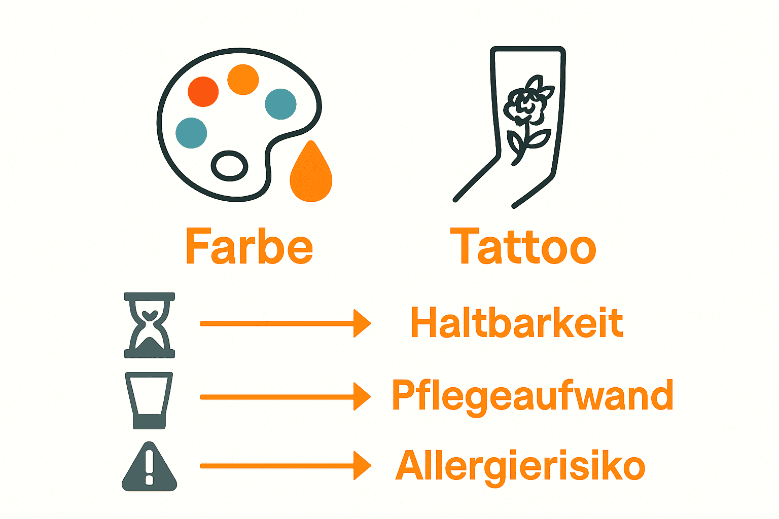 Infografik vergleicht Farb- und Schwarz-Weiß-Tattoos bei Haltbarkeit, Pflege und Allergien