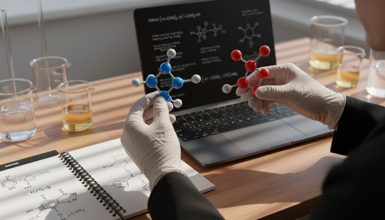 Scientist comparing amide and ester molecules