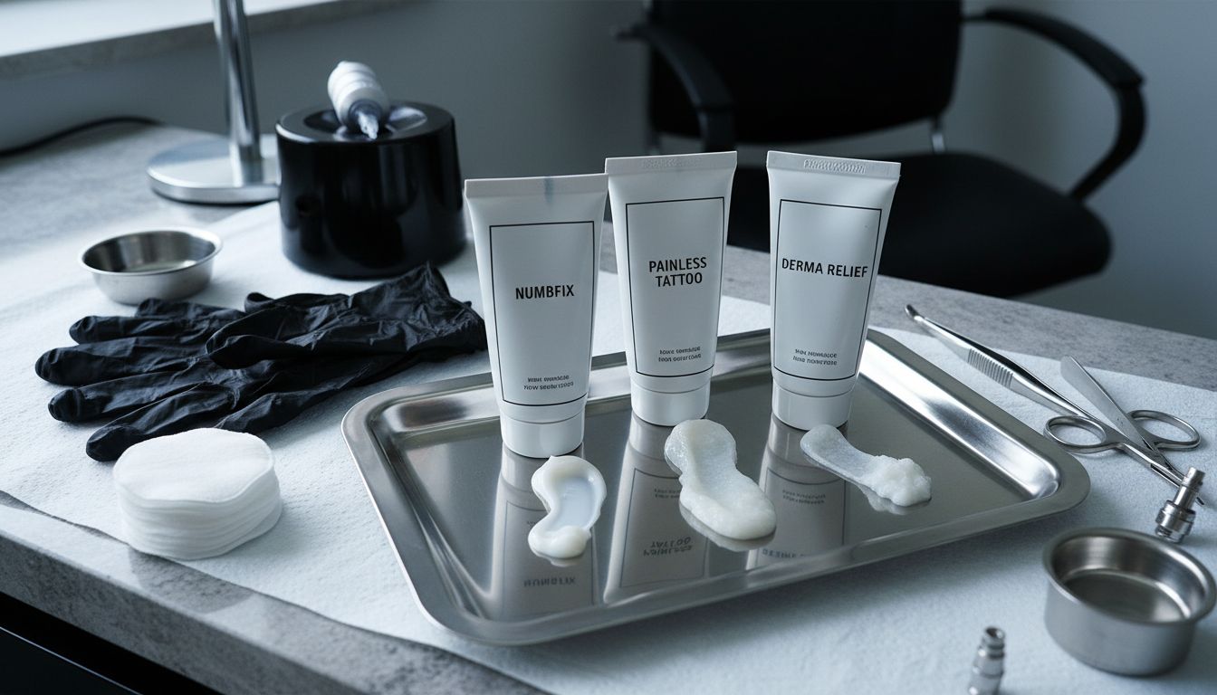 Numbing creams and tools ready for tattoo session