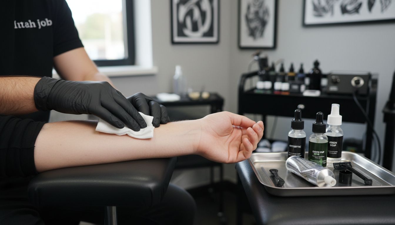 Tattoo artist disinfects client's skin