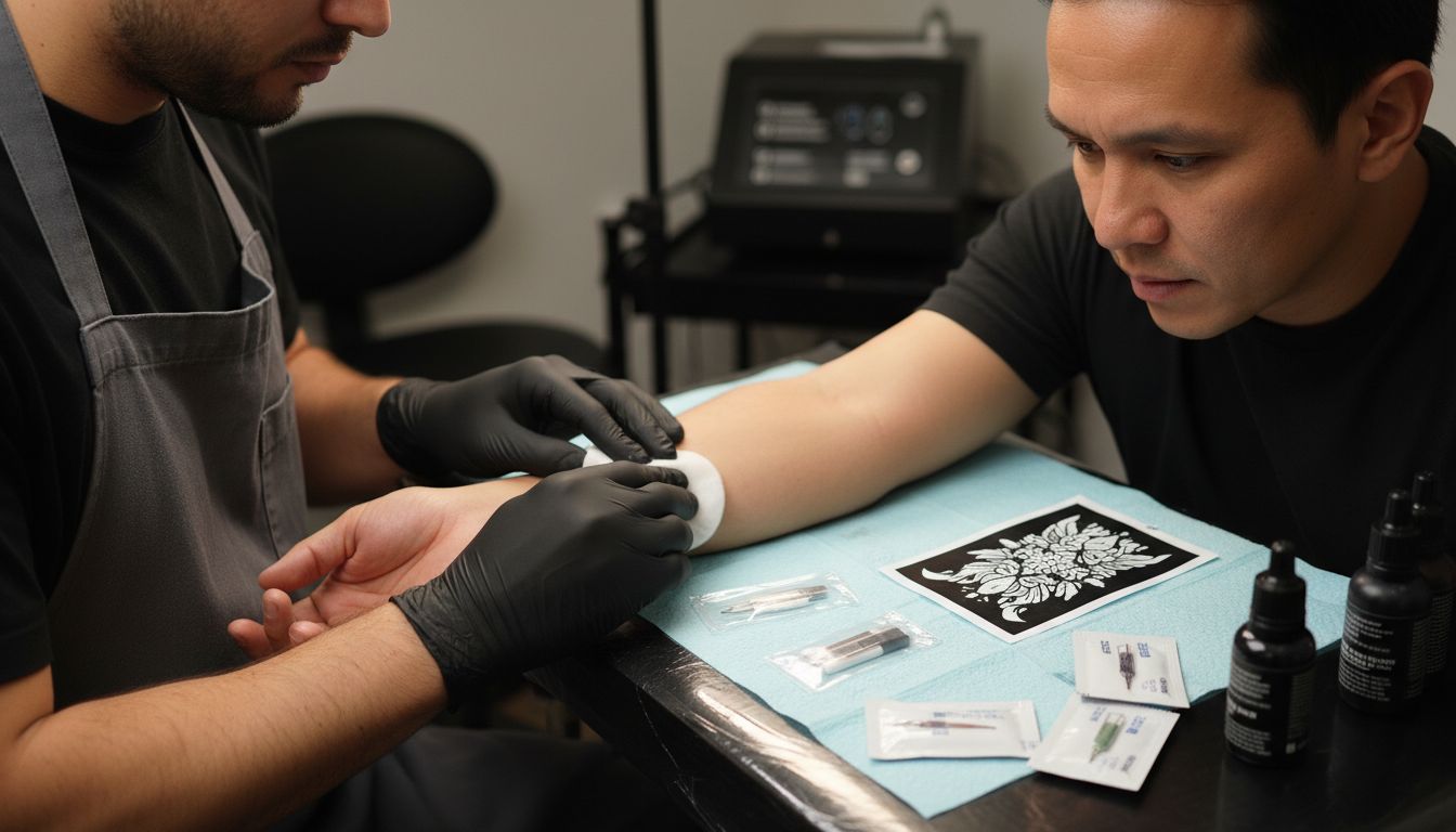 Tattoo artist preparing client’s skin