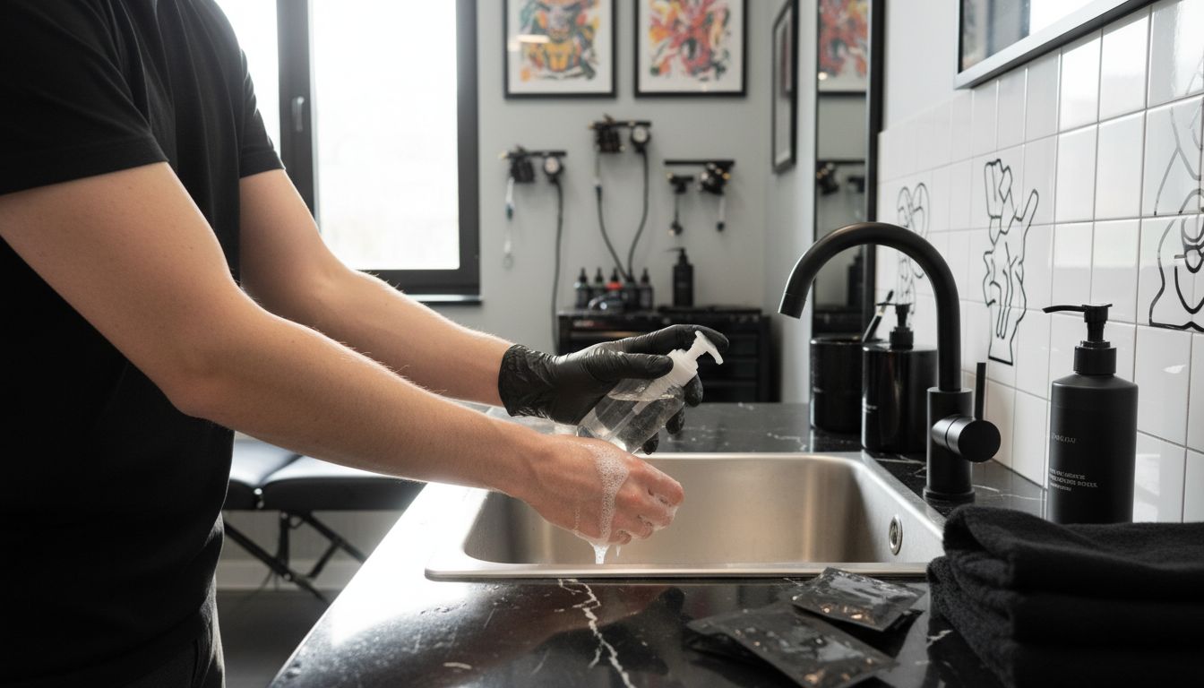 Preparing forearm in bright tattoo studio