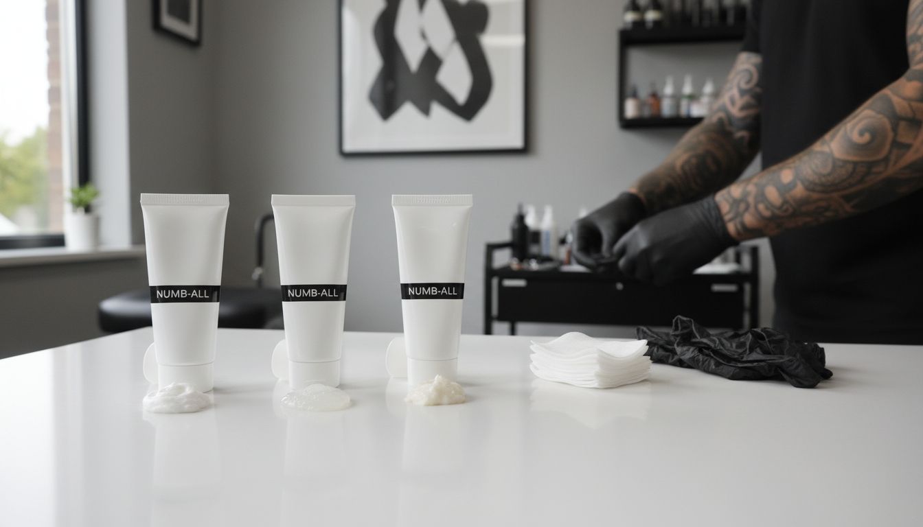 Variety of tattoo anesthetic creams on table