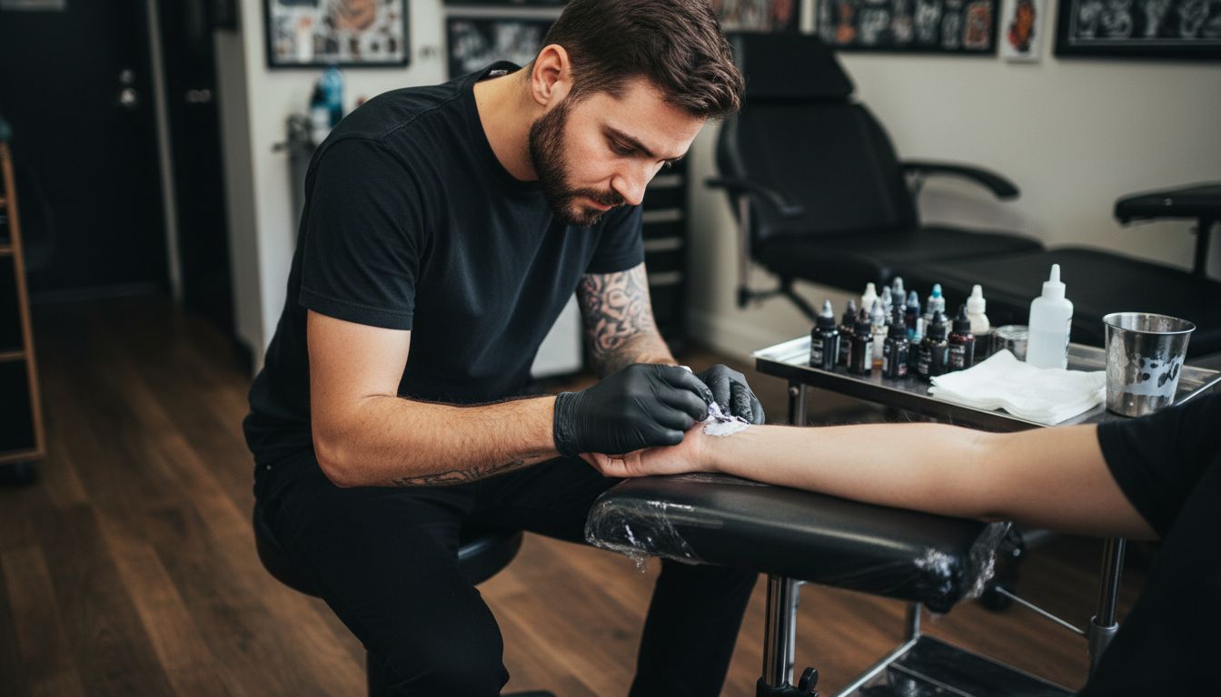 Tattoo artist applies numbing cream to forearm