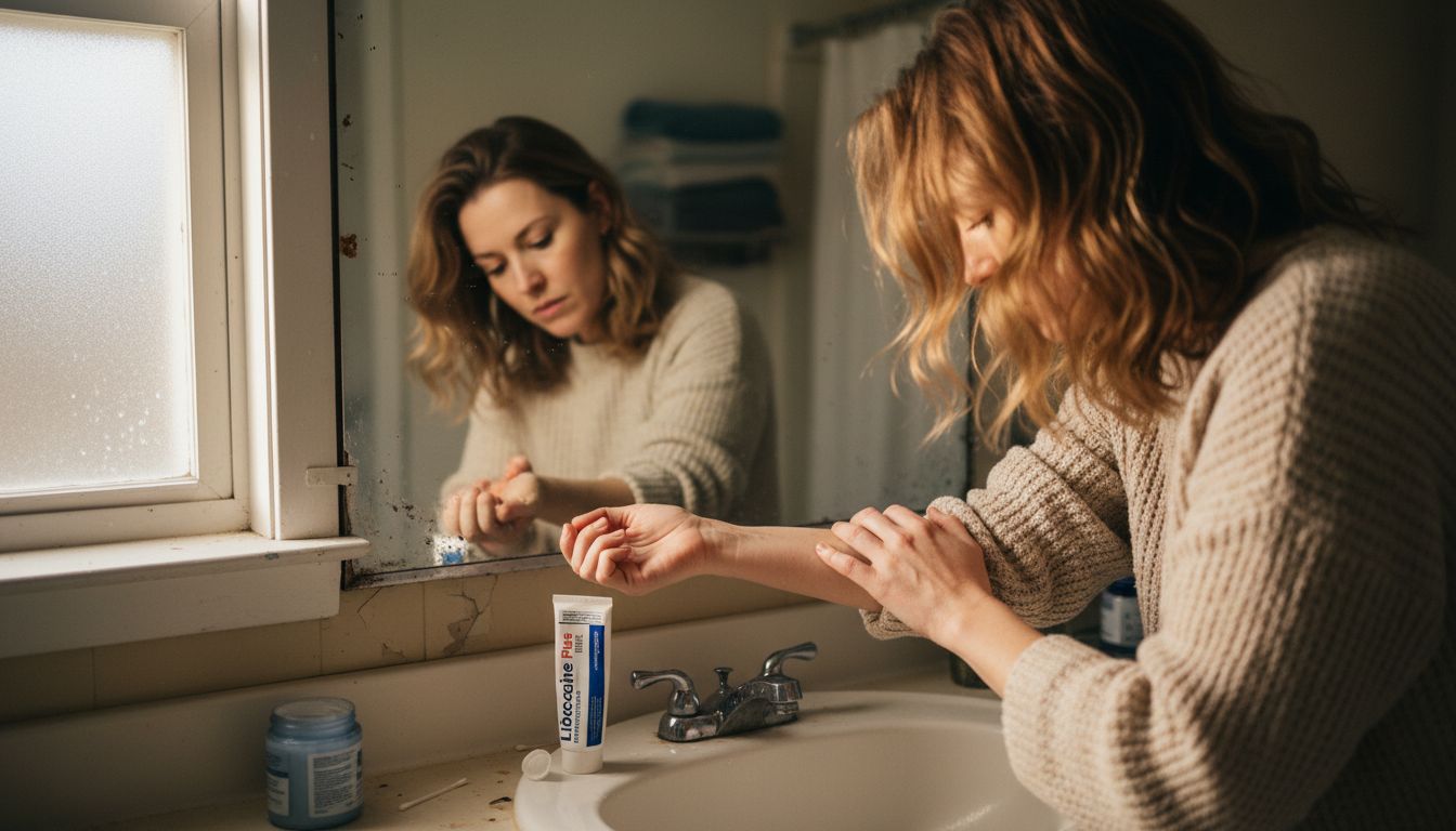 Woman examines inner arm for cream application