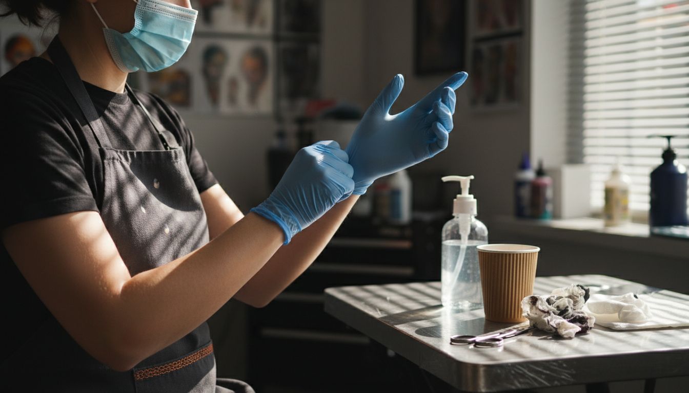 Tattoo artist putting on gloves at station
