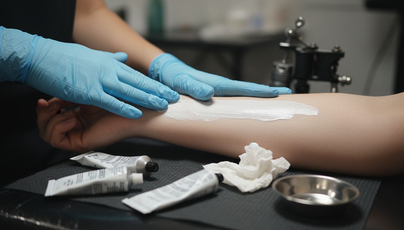 Hands applying anesthetic cream to tattoo area