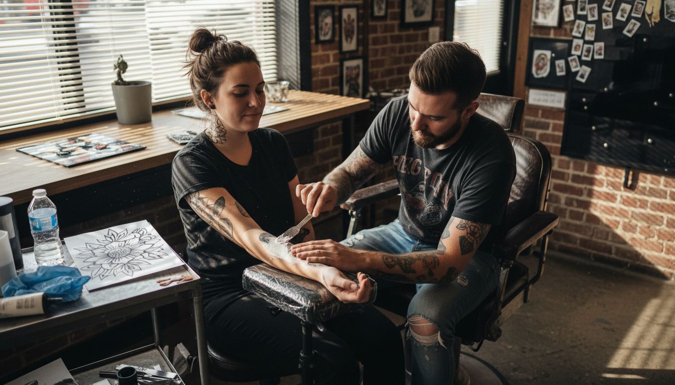 Tattoo artist applies numbing cream to client