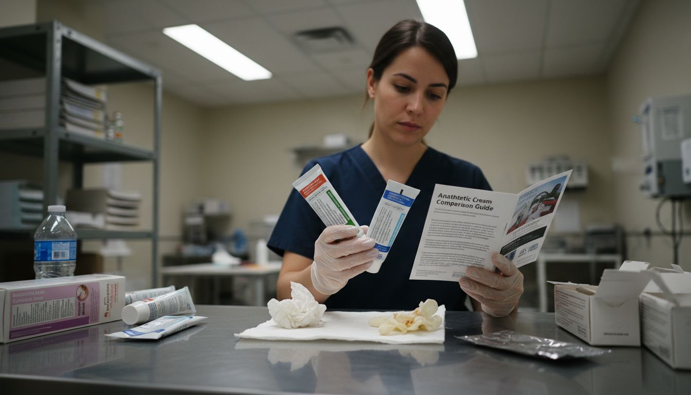 Person sorting anesthetic cream types on counter
