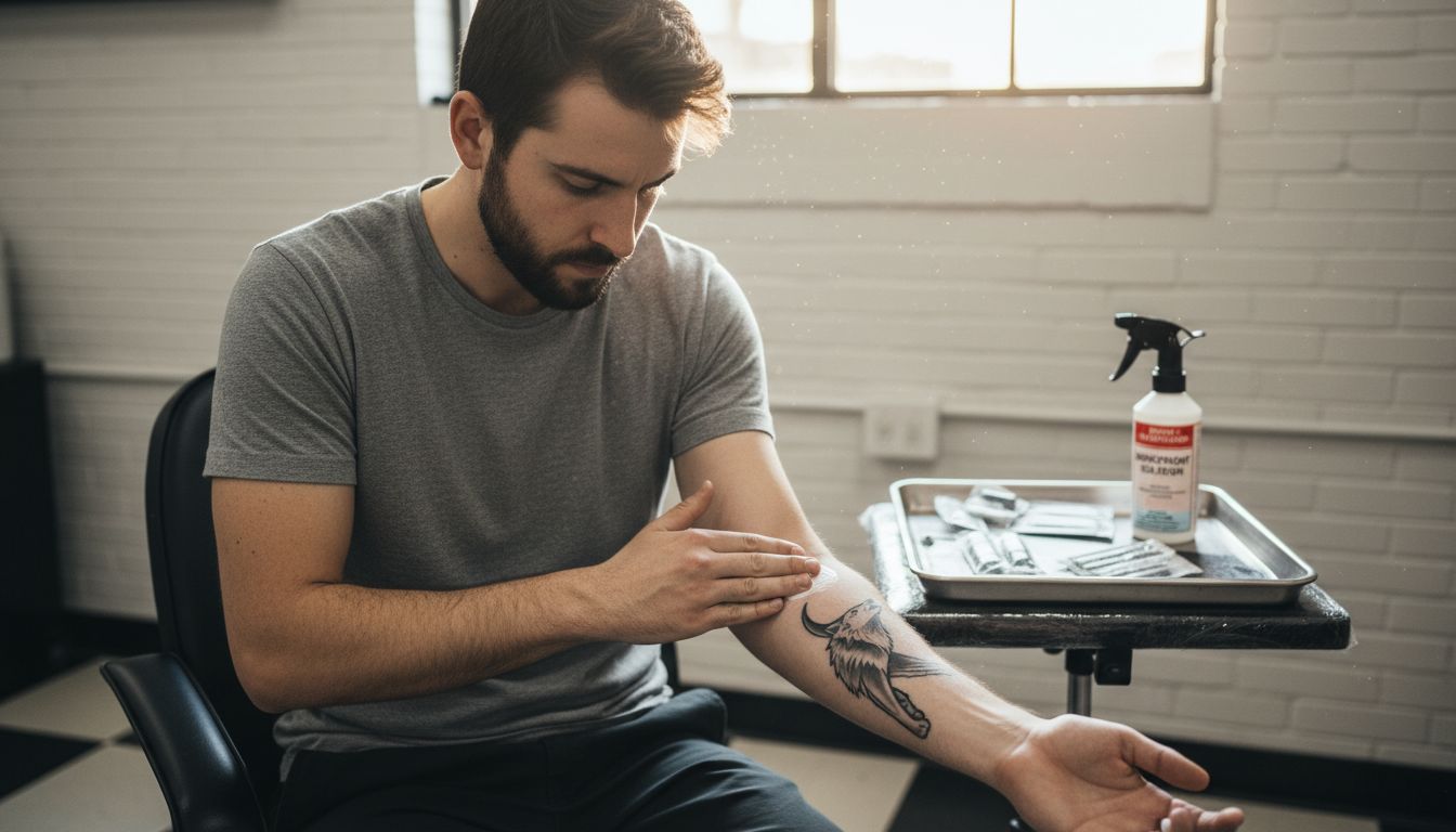 Man preparing arm skin for tattoo