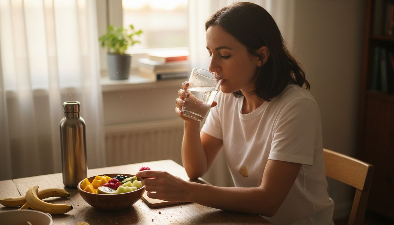 Woman drinks water eats fruit for skin
