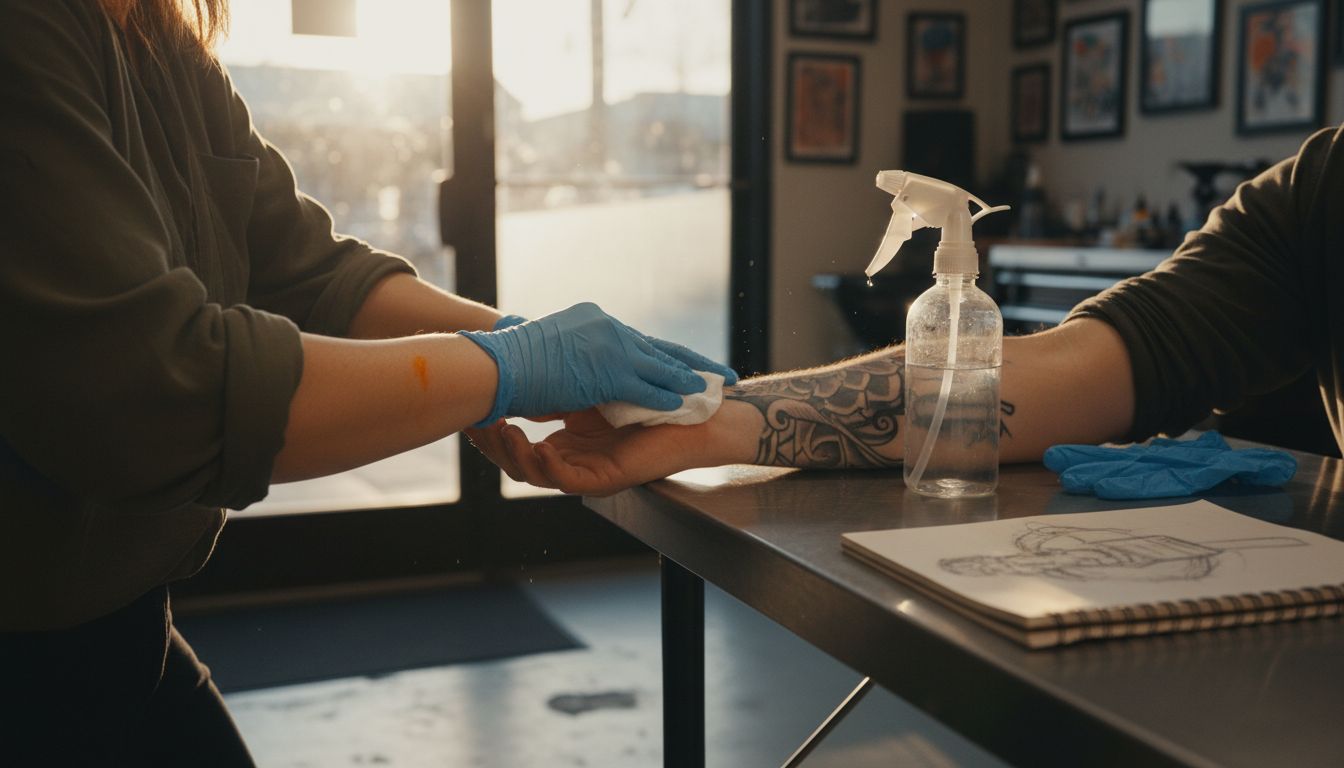 Tattoo artist cleaning client’s skin before session