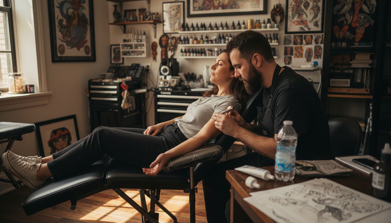 Client comfortably preparing for tattoo session