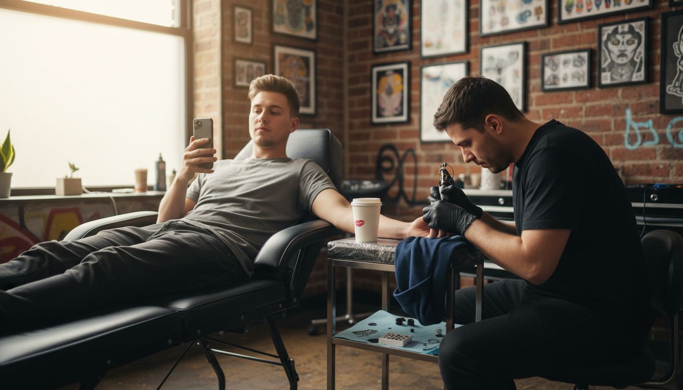 Client relaxed during comfortable tattoo session