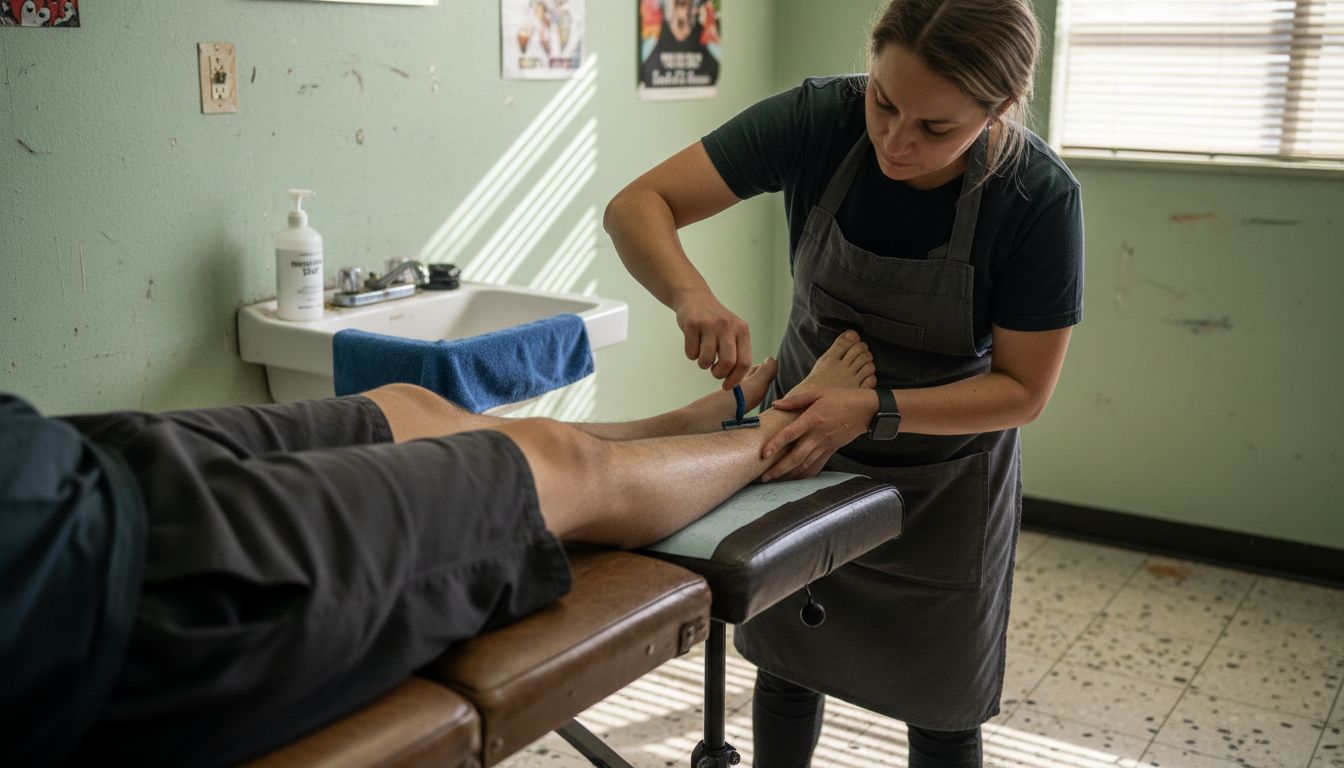 Tattoo artist shaving client’s leg before tattoo