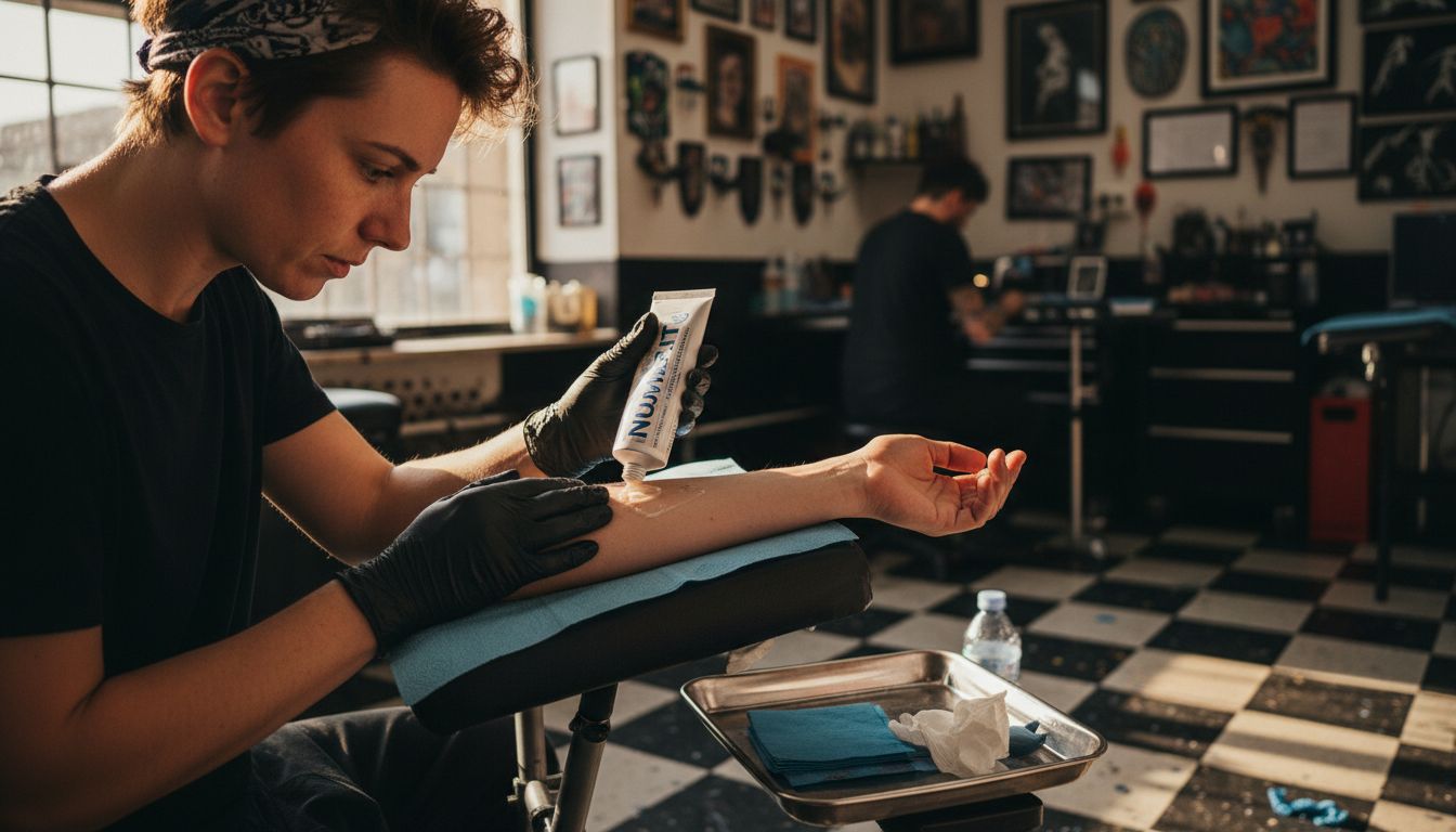 Tattoo artist applying anesthetic cream close-up