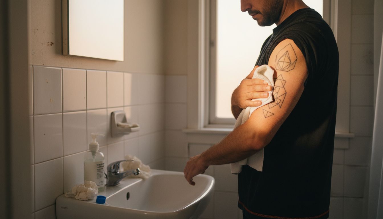 Cleaning a fresh tattoo at bathroom sink