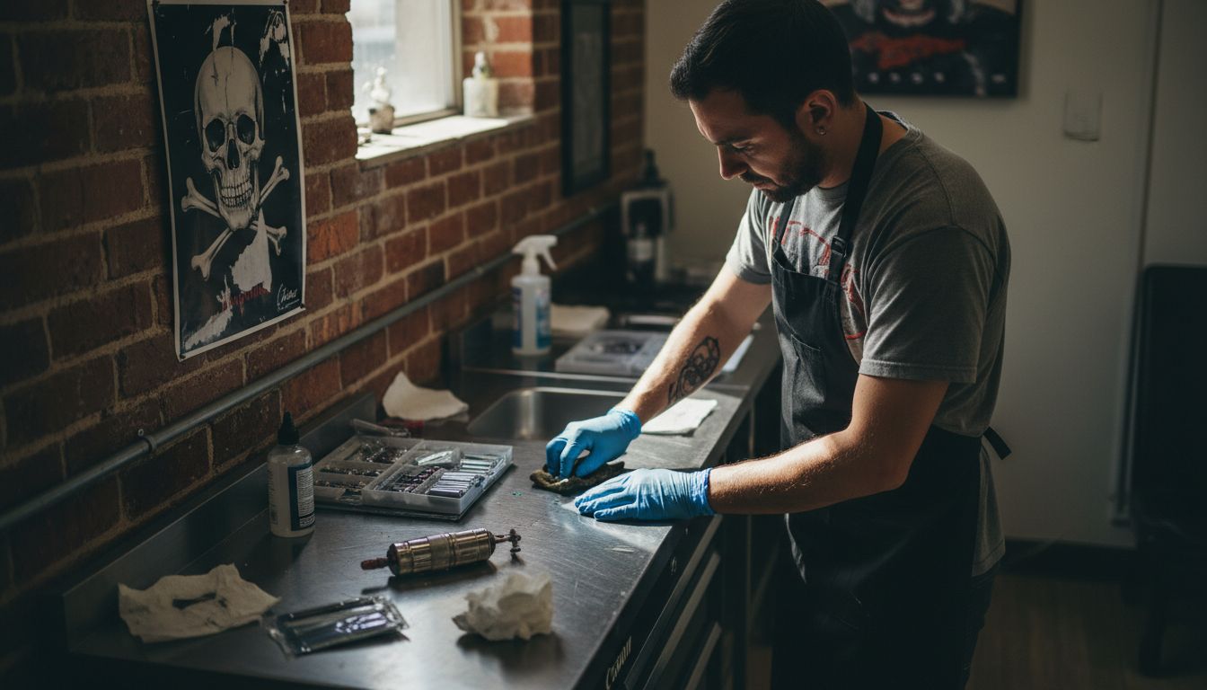 Tattoo artist cleaning equipment in studio