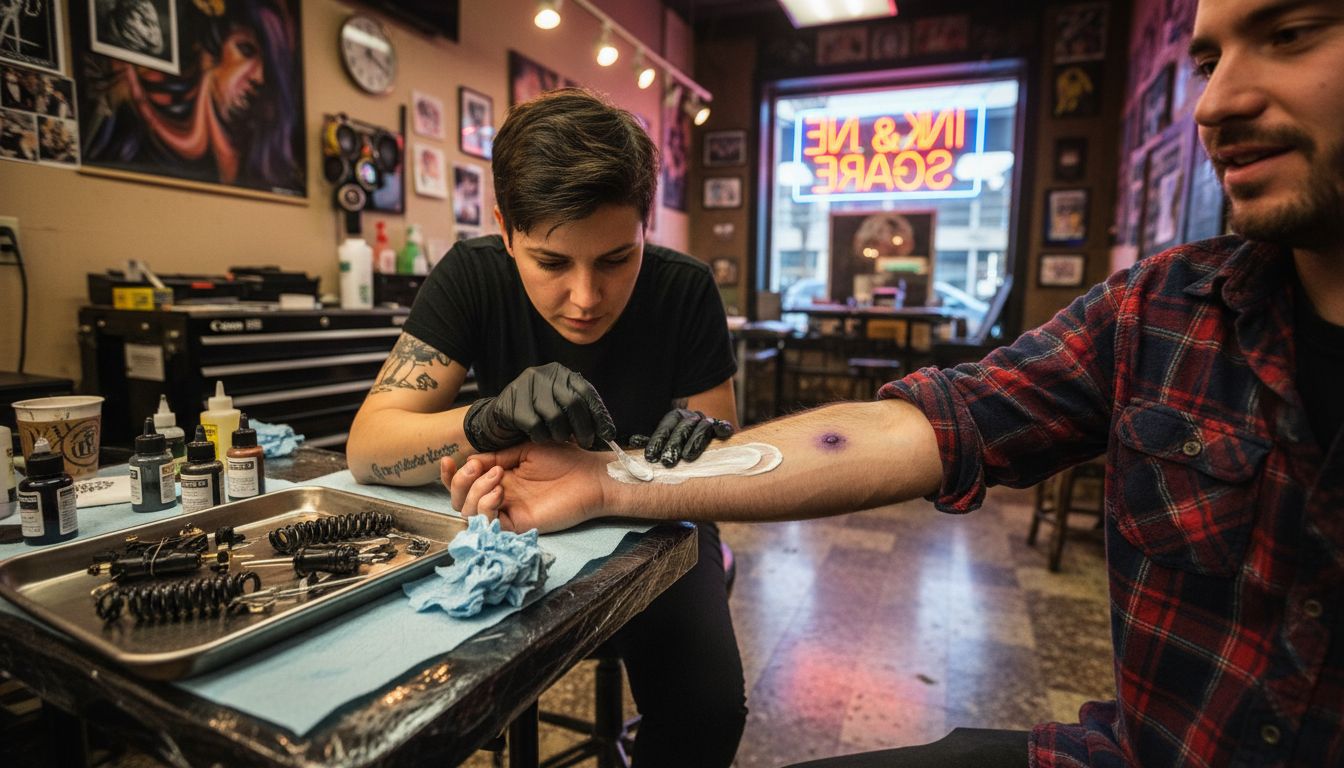 Tattoo artist puts numbing cream on client’s arm