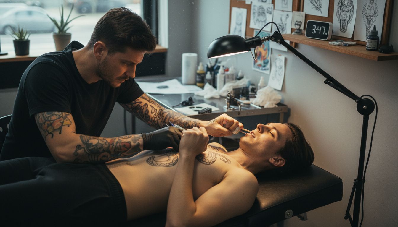 Tattoo artist preparing ribcage tattoo